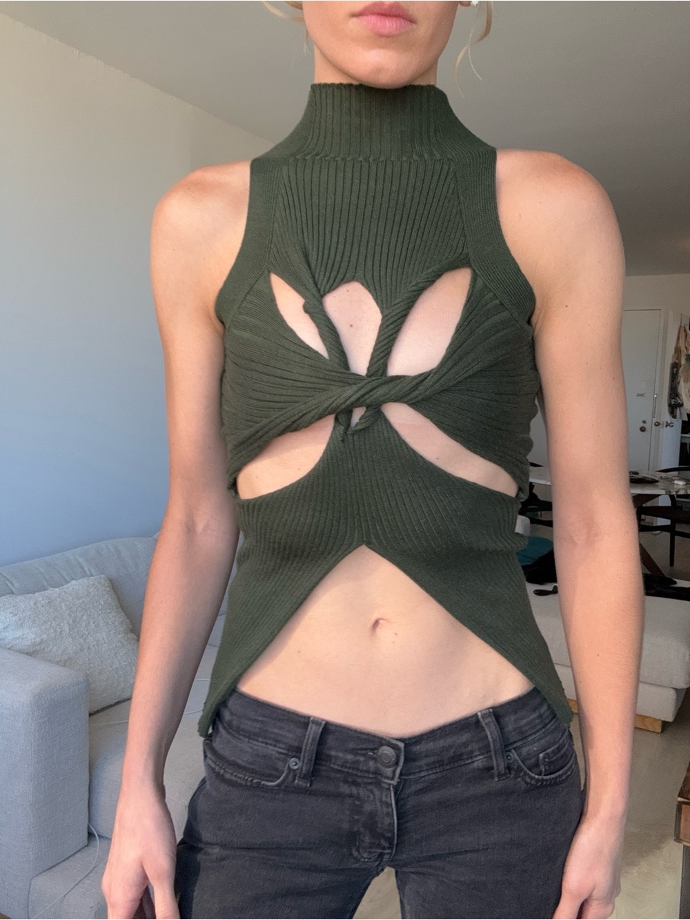 Olive Green Ribbed Knit Twist Cutout Mock Neck Top – Small